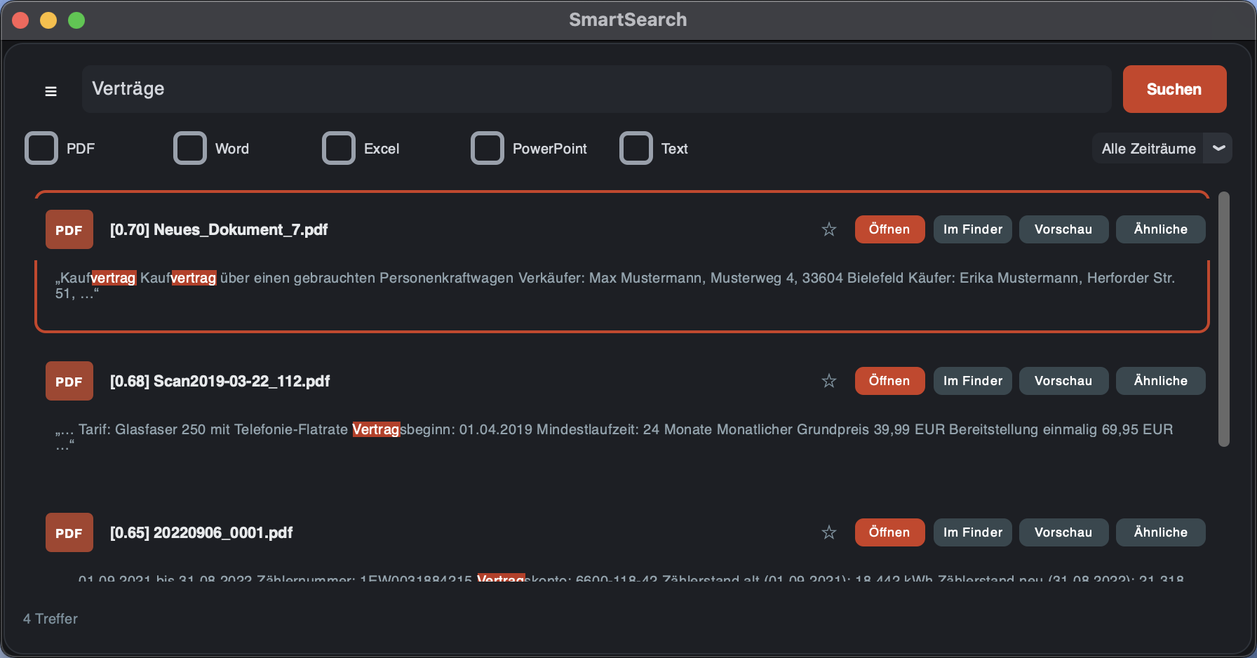 The Lockara window. The query typed in is the German plural
                Verträge (contracts). The results are Neues_Dokument_7.pdf,
                Scan2019-03-22_112.pdf and 20220906_0001.pdf — a car purchase
                agreement, an internet order confirmation and an electricity
                bill. No filename says what is inside.